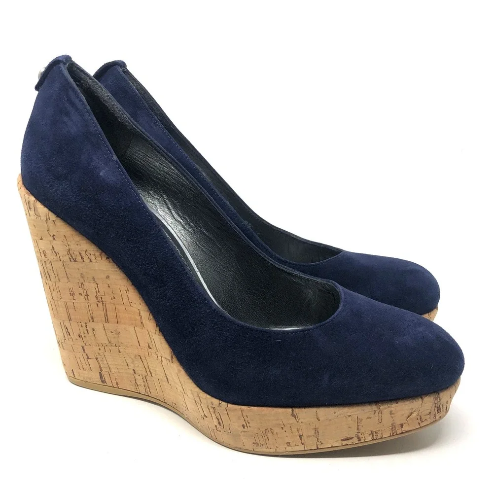 Stuart Weitzman Wedge Pumps Womens 9.5 Navy Blue Suede Cork Platform